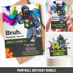 Editable Paintball Birthday Bundle, Boys Paintball Party Invitation, Paintball Party Tags, Paintball Cake Topper, Templates, Corjl PAI1