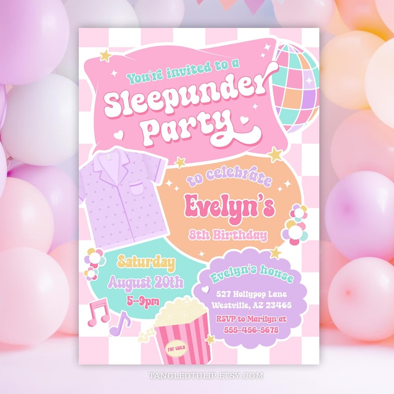 A Sleepunder Party invitation for the Birthday Girl! In a groovy retro design and pastel colors, with pajamas, popcorn for movies, music notes and disco ball. A cute rhyme at the back explains the concept of a Sleepunder. Fully editable invitation template.