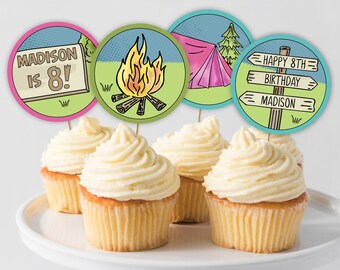 Camping Party Cupcake Toppers | Custom Name Birthday Cupcake Toppers | Printable Editable Template | Instant Download CAM1