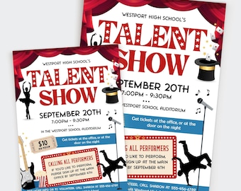 May include: A red and white poster with a red curtain backdrop and the text "Westport High School's Talent Show" in large white letters. The poster announces the show will be held on September 20th from 7:00 PM to 9:30 PM at the Westport School Auditorium. It also includes information about getting tickets and signing up to perform.