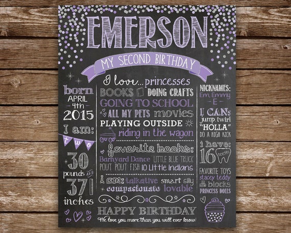 2nd Birthday Chalkboard, Printable Chalk Sign, Second Birthday Chalkboard, Chalk printable, Purple & Silver or Custom Colors Il_570xn