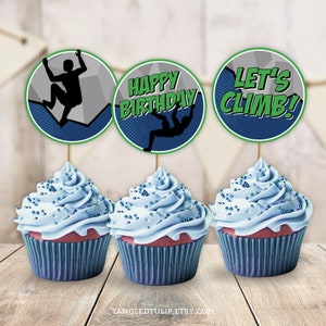 Rock Climbing Birthday Cupcake Toppers: Blue & Green Party Decor Boys (Printable, Instant Download) CL5