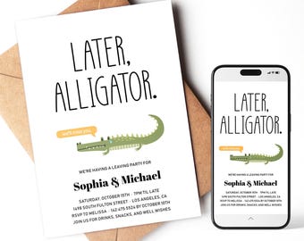 Uitnodiging voor het verlaten van het feest | Afscheid gaat later weg Alligator krokodil uitnodiging | Afdrukbare telefoonsjabloon | Directe download FAR1