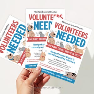 Bearbeitbarer Flyer zur Rekrutierung von Volunteers, Tierheim-Flyer, Tierrettungs-Freiwillige, Tierheimarbeiter, Volunteers benötigt ANS1