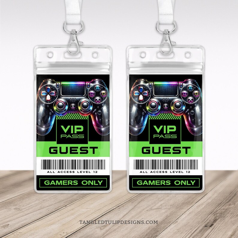 Gaming Party Invitation with VIP  Name Badge. Gamer Birthday Badge Invitation Template for boys. Editable Template in neon lime green and black to fit standard size lanyard.