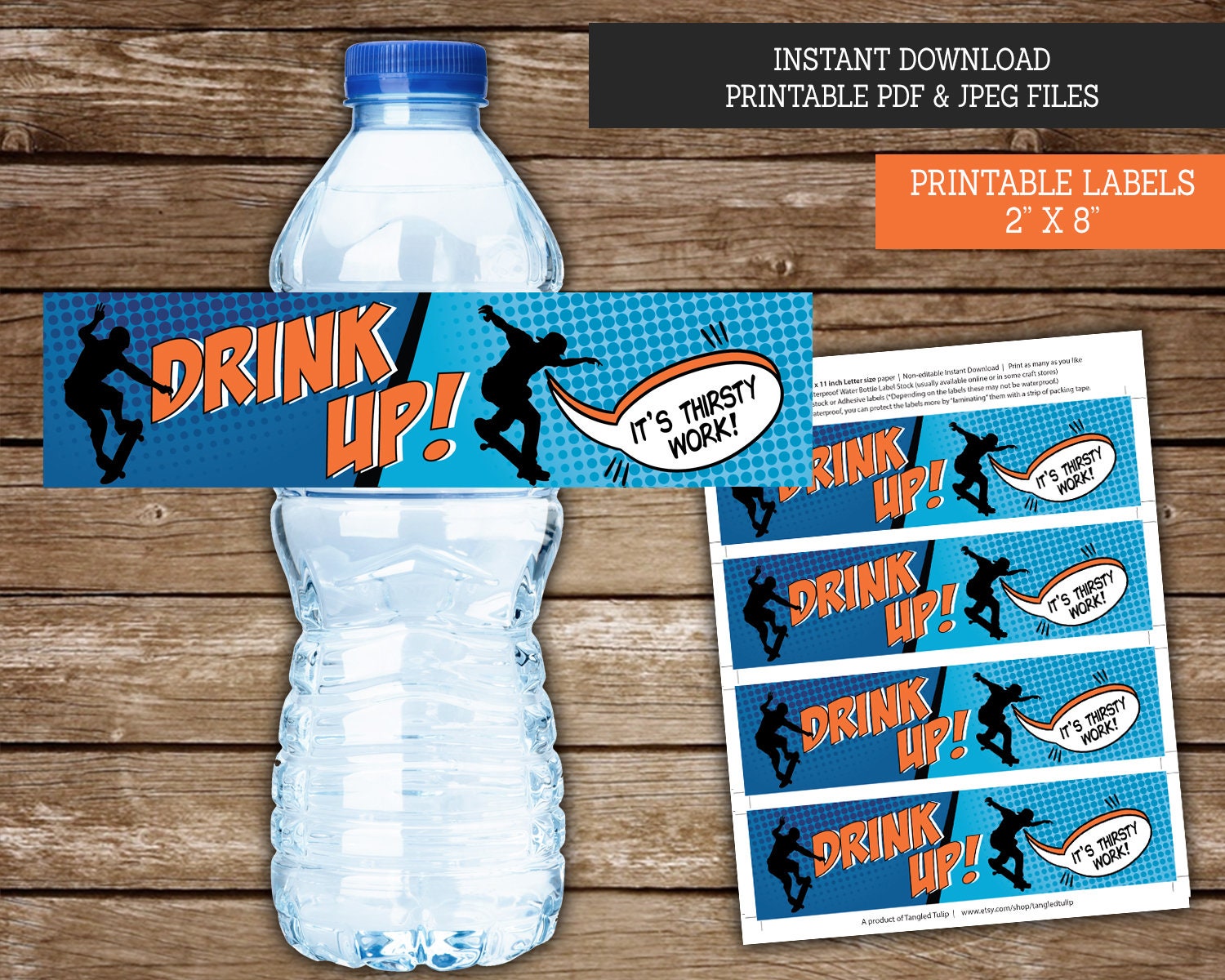 Skater Boy Birthday Party Water Bottle Label PRINTABLE, Skateboarding Party  Decoration, Sk8er INSTANT Download, 8x2