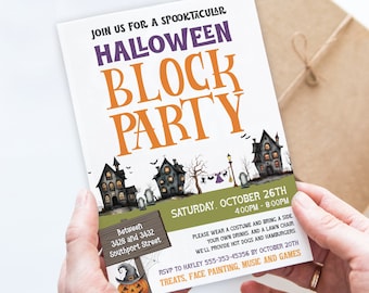 May include: A Halloween Block Party invitation with the text "Join us for a Spooktacular Halloween Block Party". The invitation features illustrations of haunted houses, tombstones, and a pumpkin. The event is on October 26th.