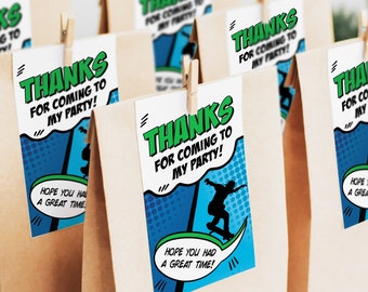 May include: A set of brown paper bags with thank you tags attached. The tags are decorated with a blue and green comic book style design featuring a silhouette of a skateboarder. The text on the tags reads "Thanks for coming to my party!" and "Hope you had a great time!"