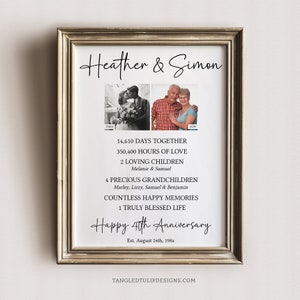 40th Anniversary sign with photos and stats of their life together. Classic black and white design. Personalized Happy 40th Anniversary Poster Template. By Tangled Tulip Designs.