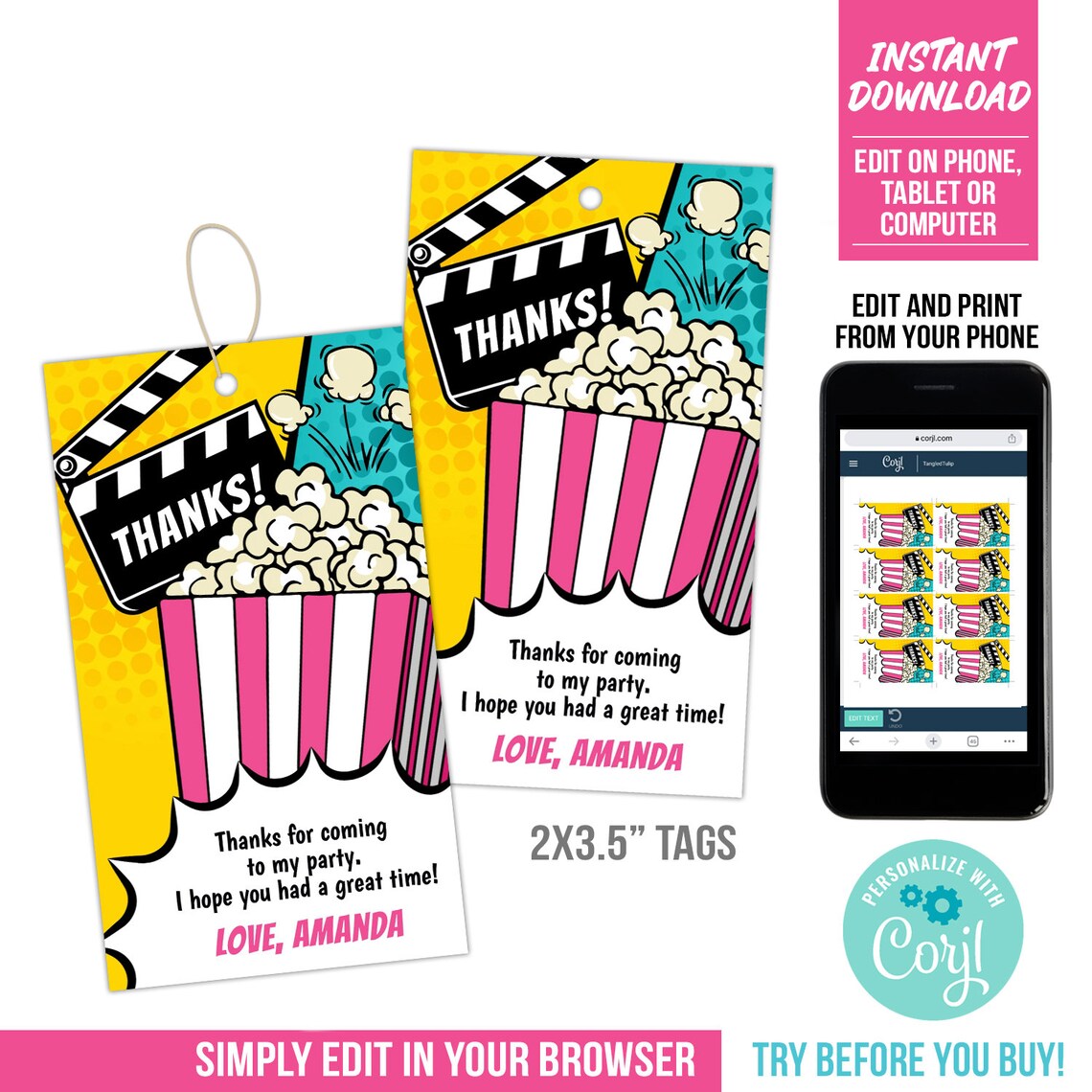 Editable Movie Party Tags for a Girl's Movie Birthday Thank You Tags ...