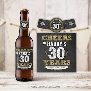 Étiquettes modifiables de bouteille de bière pour le 30e anniversaire, tout âge, décoration dorée personnalisée, acclamations de bières, téléchargement numérique imprimable Corjl BG30 BG40