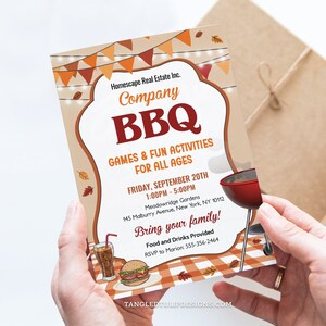 May include: A fall-themed invitation to a company BBQ. The invitation features a red and white checkered picnic blanket, a red grill, a hamburger, a soda, and a banner with the text "Company BBQ". The invitation is for Friday, September 20th from 1:00 PM to 5:00 PM at Meadowridge Gardens, 145 Malburry Avenue, New York, NY 10112. The invitation also includes the text "Bring your family!" and "Food and Drinks Provided".