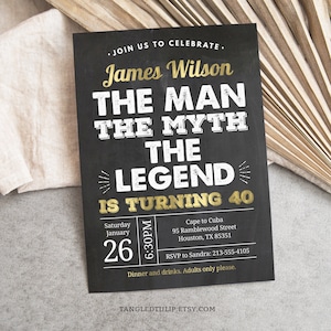 The Man The Myth The Legend 40th Birthday Invitation EDITABLE Chalkboard Gold Any Age Party Invite Instant Download Corjl MM40
