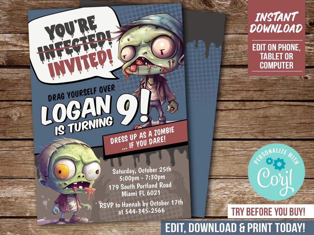 Zombie Birthday Invitation You're Infected Zombies Etsy