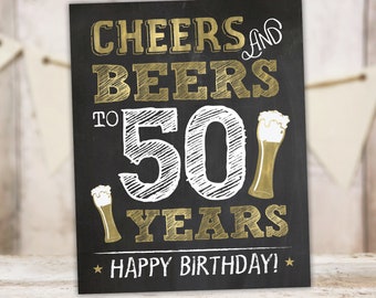 50th Birthday Sign | Cheers and Beers Beer Theme Decor | Gold Printable Party Sign | Instant Download BG50