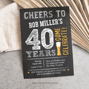 Cheers Birthday invitation for a man in a beer theme. Silver and sunburst yellow on a chalkboard effect background celebrating a 40th birthday, or any age, with cheers!
Editable Invitation Template. TangledTulip Designs.