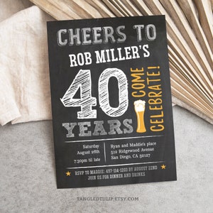 40. Geburtstagseinladung Mann Prost auf 40 Jahre Geburtstag einladen Silber Kreidetafel EDITIERBAR Druckbar Sofortiger Download Corjl MS40