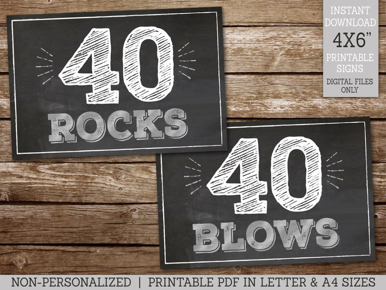 40th Birthday Signs, 40 Sucks, 40 Rocks, 40 Blows, Cheers to 40 Years, 40th Party Decor, 6 Chalkboard Style Signs Silver, PRINTABLE MS40 image 4