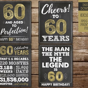 60th Birthday Sign for Men: Cheers to 60 Years, Man Myth Legend, Gold Chalkboard Party Decor (Digital Download) MM