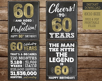 60th Birthday Signs for Men, PRINTABLE Cheers to 60 Years, Happy 60th Birthday, Aged to Perfection 60th Birthday, INSTANT DOWNLOAD BG60 WG60