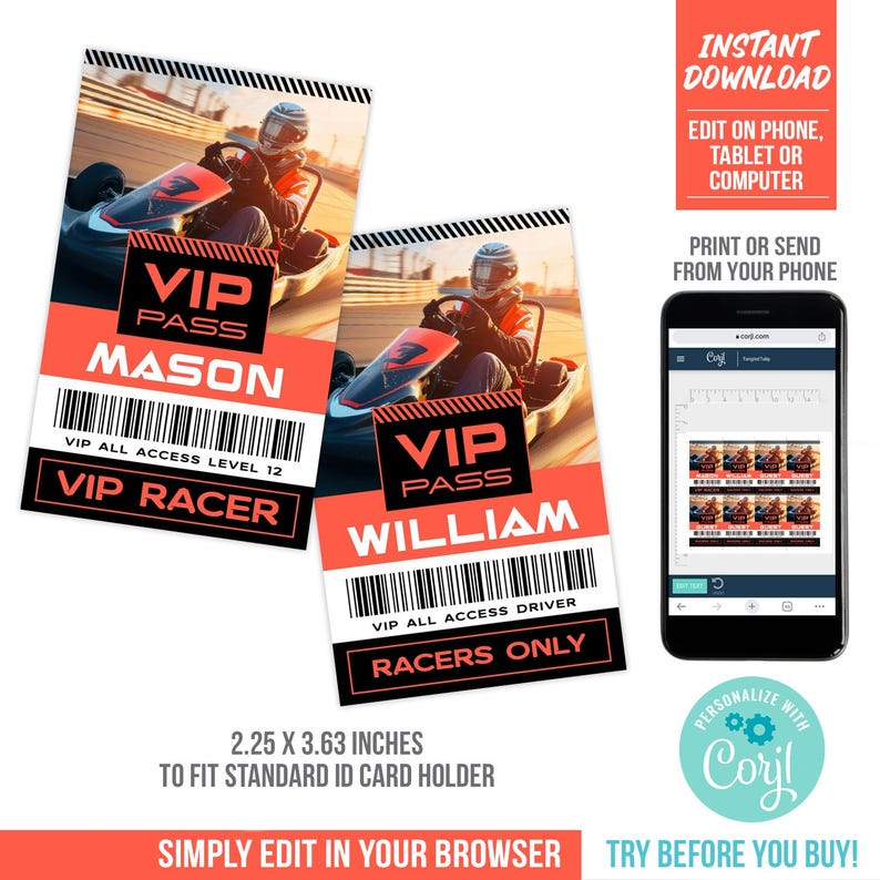 Vip Card For Racing Go Kart VIP Badge | Go Kart Birthday VIP Rider Name Badge | Editable ...