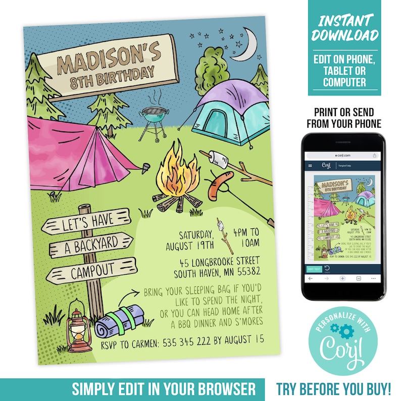 K&ouml;nnte beinhalten: Eine farbenfrohe Einladung zu einer Geburtstagsfeier im Garten mit &Uuml;bernachtung. Die Einladung zeigt eine Comic-Illustration eines Lagerfeuers, Zelte und ein Schild mit der Aufschrift "Let's Have a Backyard Campout". Der Text auf der Einladung lautet "Madison's 8th Birthday" und enth&auml;lt Datum, Uhrzeit und Ort der Feier. Die Einladung enth&auml;lt auch eine RSVP-Nummer und einen Hinweis, dass die G&auml;ste ihre Schlafs&auml;cke mitbringen k&ouml;nnen, wenn sie &uuml;bernachten m&ouml;chten.