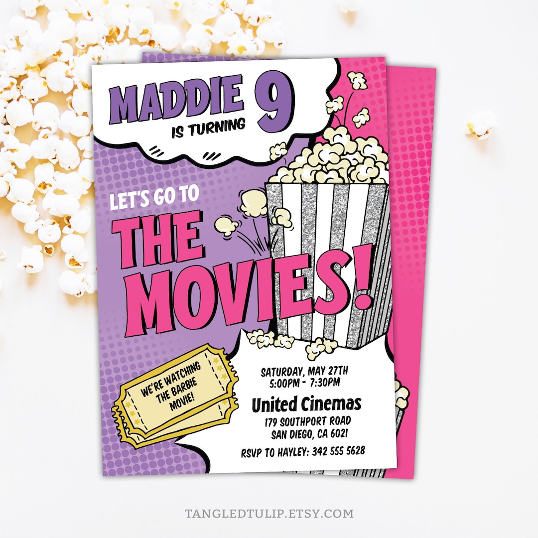 Movies Party Invitation Girl Editable Movie Birthday Invite Let's Go to ...