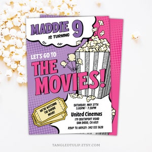 Filme Party Einladung Mädchen Bearbeitbarer Film Geburtstag Invite Lass uns ins Kino gehen Popcorn Kinoticket Digital DRUCKBAR Corjl MO4