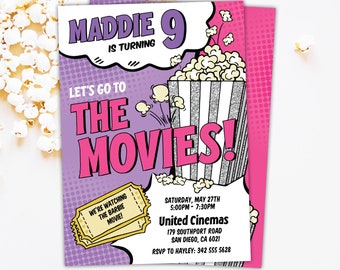 Movies Party Invitation Girl Editable Movie Birthday Invite Let&#39;s Go To The Movies Popcorn Cinema Ticket Digital PRINTABLE Corjl MO4