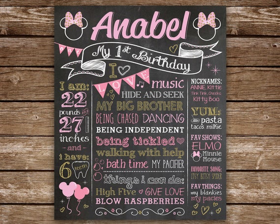 Minnie Mouse Birthday Chalkboard, Minnie Mouse 1st Birthday Sign, PRINTABLE Chalk Poster, Minnie Mouse, Pink and Gold Il_570xn