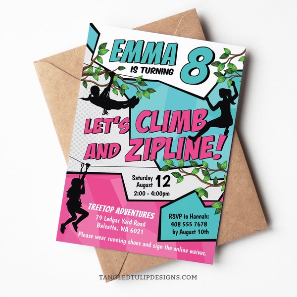 Ziplining Birthday Invitation for girls Climb & Zipline Outdoor Adventure Editable Invite Instant Download PRINTABLE Corjl GZ1