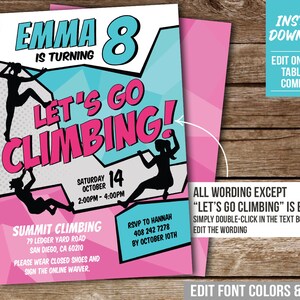 Editable Rock Climbing Party Invitation Girl Indoor Climb Birthday Invite Instant Download Printable Corjl CL3 image 3