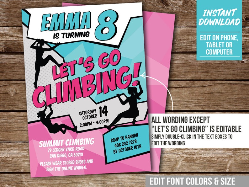 Editable Rock Climbing Party Invitation Girl Indoor Climb Birthday Invite Instant Download Printable Corjl CL3 image 3