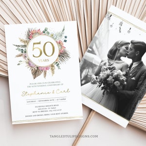 Editable 50th Anniversary Invitation, 50th Wedding Anniversary Invite with Photo, Floral, Golden Anniversary, Digital Invite A005 BOH1