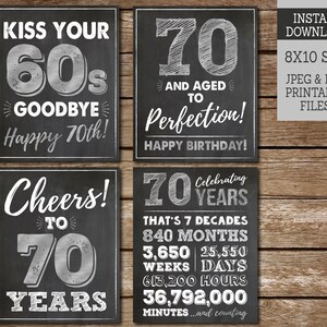 Kiss Your 60s Goodbye, 70 Aged to Perfection, Happy 70th Birthday PRINTABLE signs, Cheers to 70 Years, Instant Download image 1