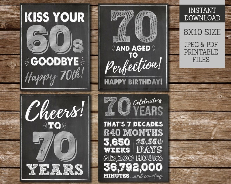 Kiss Your 60s Goodbye, 70 Aged to Perfection, Happy 70th Birthday PRINTABLE signs, Cheers to 70 Years, Instant Download image 1