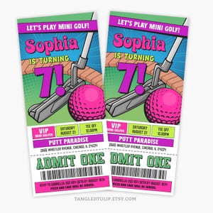 Bearbeitbares Mädchen Mini Golf Party Einladungskarte, Mini Golf Ticket Geburtstag einladen, Putt-Putt Ticket Vorlage, druckbares Ticket, MIN1