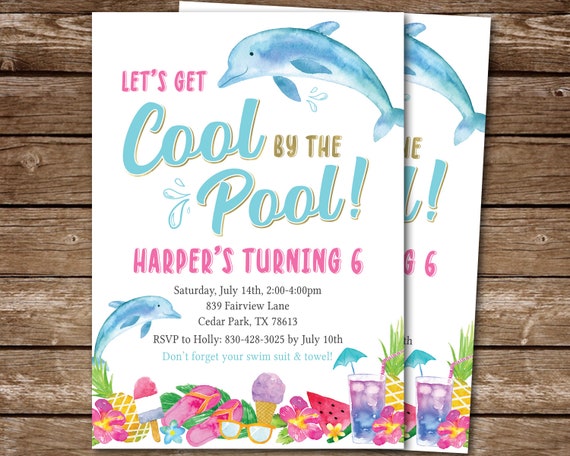 Pool Party Invitation for Girls, Cool by the Pool Party Invite, Dolphins Party Theme, Summer Swimming Digital Printable Invite Il_570xn