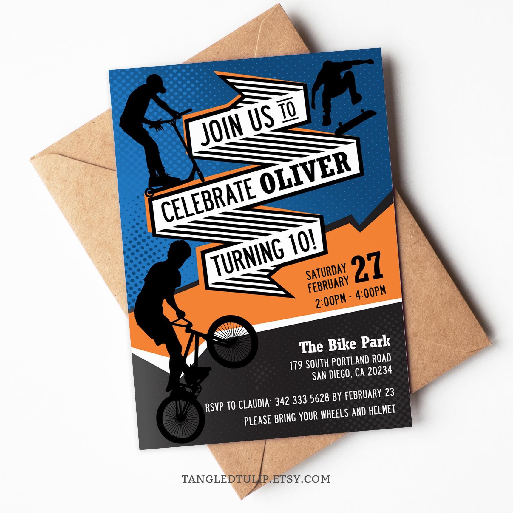 Editable Bike Scooter Skateboard Birthday Invitation BMX Riding Skater Scooting Boy Party Invite Orange Download PRINTABLE Corjl BS2