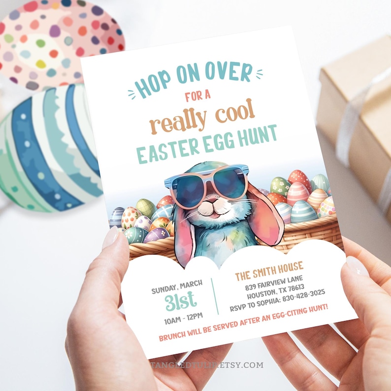 Easter Invitation with an Easter Bunny with Sunglasses and baskets of Easter Eggs. Hop On Over! Promising a Really Cool Easter! Editable Invitation Template. TangledTulip Designs.