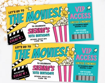 May include: A yellow and blue movie ticket invitation for Sienna's 10th birthday party. The invitation features a cartoon movie clapperboard, popcorn, and the text "Let's go to the movies!"  The invitation also includes the date and time of the party, "Saturday, August 28th, 4:30PM - 7PM", and the movie being shown, "Despicable Me 4".