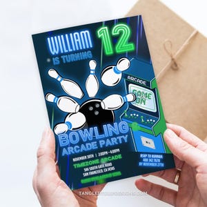 Editable Bowling and Arcade Party Invitation, Glow Bowling & Arcade Gaming Birthday Invite, Neon, Boys, Digital Invite, Corjl ARC1