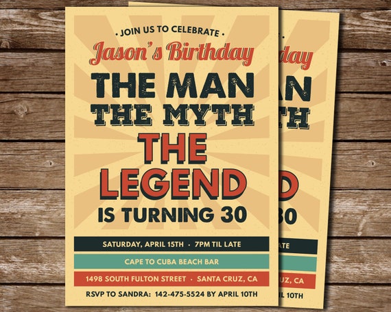 The Man The Myth The Legend 30th Party Invitation for Man's Birthday, Any Age, Printable Invite in a Vintage Retro Style Il_570xn