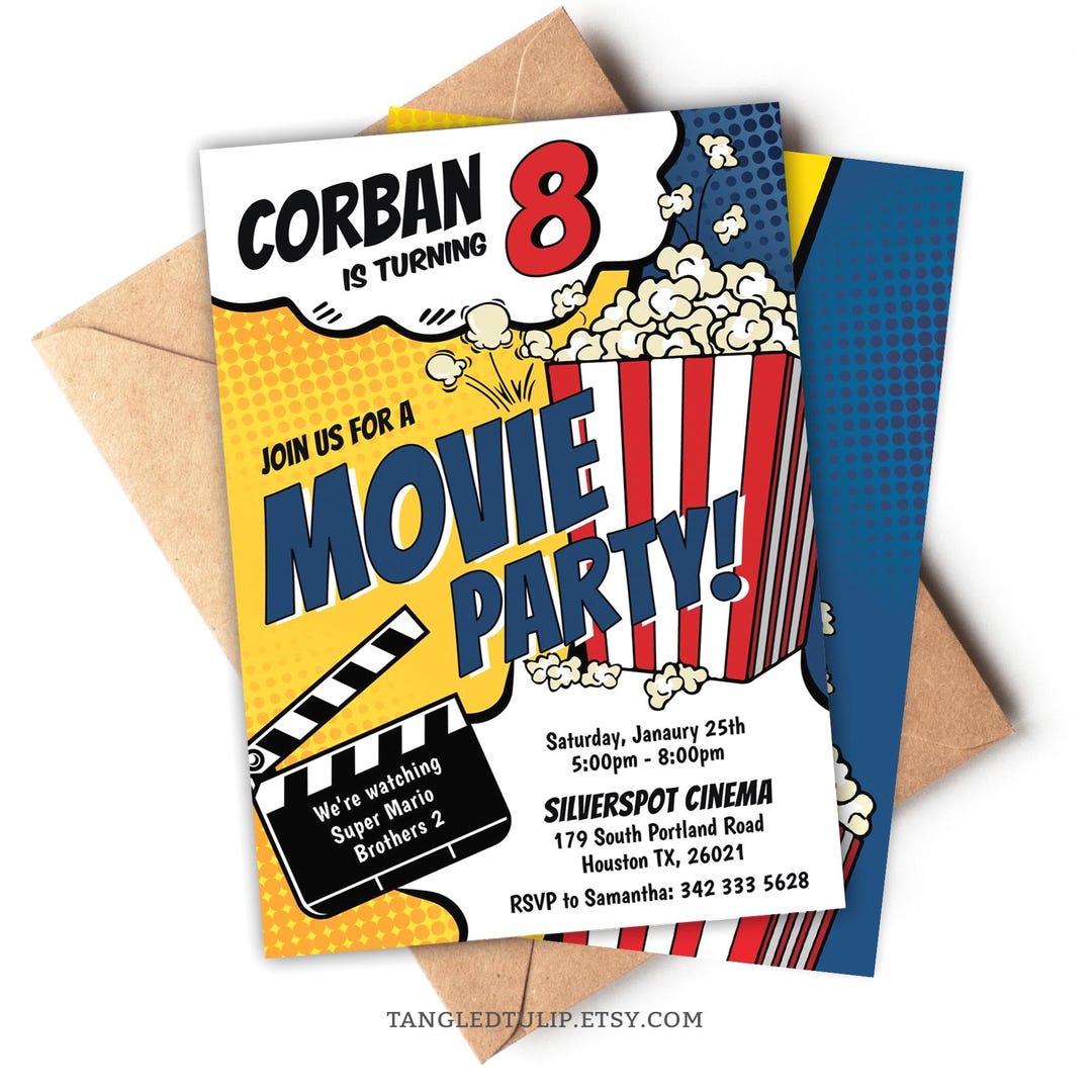 Editable Movie Party Invite, 8th Birthday Invitation Boy, Movies ...