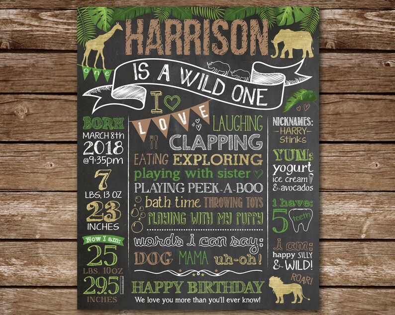 Safari Wild One Birthday Chalkboard Jungle Safari African Etsy