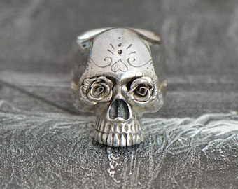 Sterling Silver Sugar Skull Ring, Calavera Day of the Dead Design