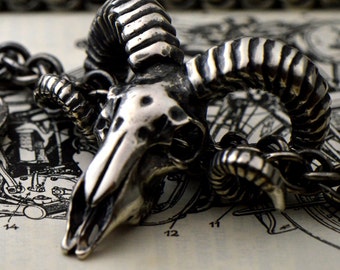 May include: A silver ram skull pendant with detailed horns, hanging on a silver chain. The pendant is resting on a page of a book with numbers and diagrams.