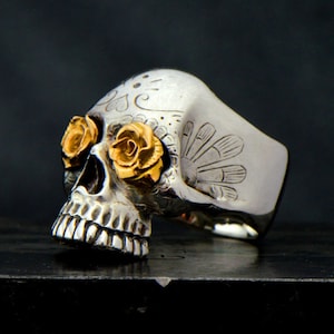 Sterling sugar skull ring gold roses as eyes. Day of the Dead. Calavera skull ring. Biker skull ring. Two tone ring. Skull ring for men.