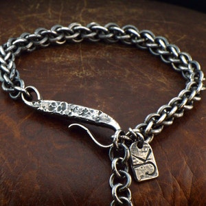 Sterling bracelet for men. Rustic bracelet for him. Sterling link chain. Rock n roll bracelet. Chainmaille jewelry. Motorcycle bracelet