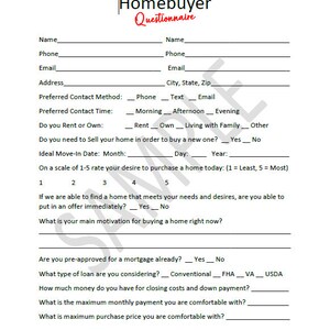 May include: A homebuyer questionnaire with sections for personal information, contact preferences, and financial details. The questionnaire asks about the buyer's desire to purchase a home, their pre-approval status, and their preferred loan type.